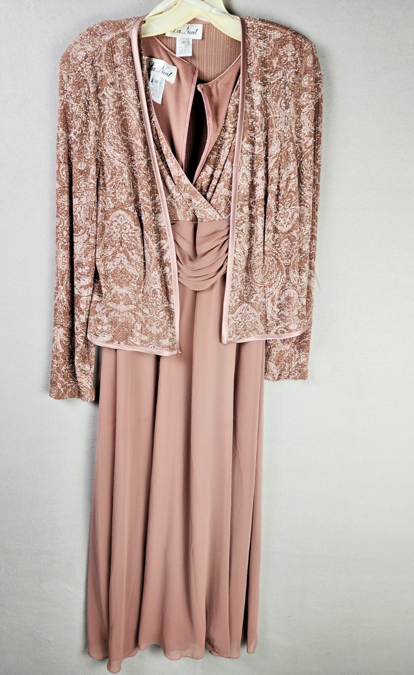 La Nuit Long Gown w/Long Sleeve Jacket- Pink Paisely Print - Size 10